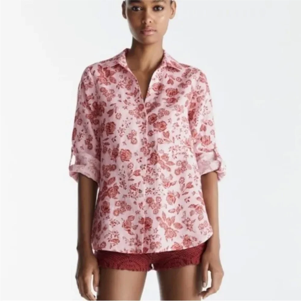 Zara Button Down Long Sleeve Floral Linen Size Small - Picture 1 of 9